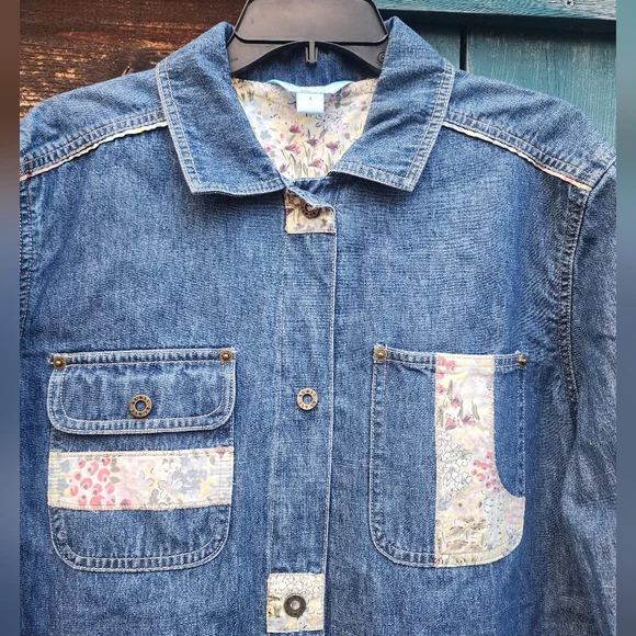 Denim Shacket Jacket Blast Blues Patch L Vintage? - Picture 3 of 12